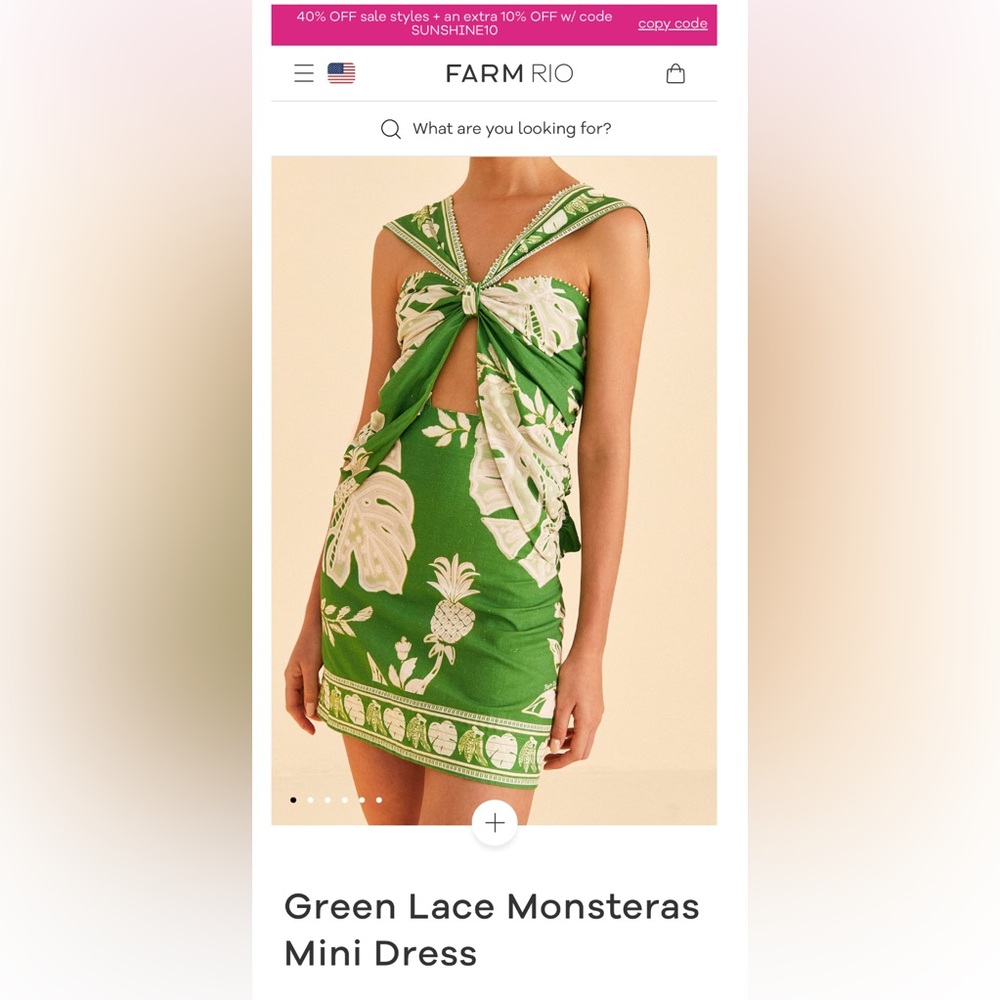 Green Farm Rio Dress “green lace monsteras mini dress”
